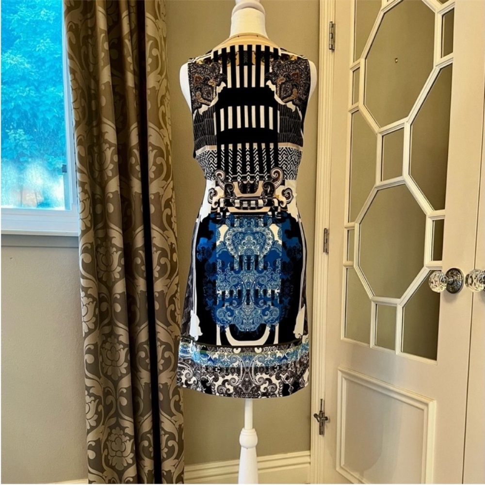 Hale Bob Art Deco Blue, White and Black Patterned V-Neck Dress Stretchy - Large - Picture 3 of 5